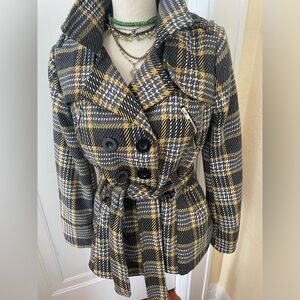 Wet Seal Winter Double Breasted Pea Coat Gold/Gray Plaid/Belted Size L‎